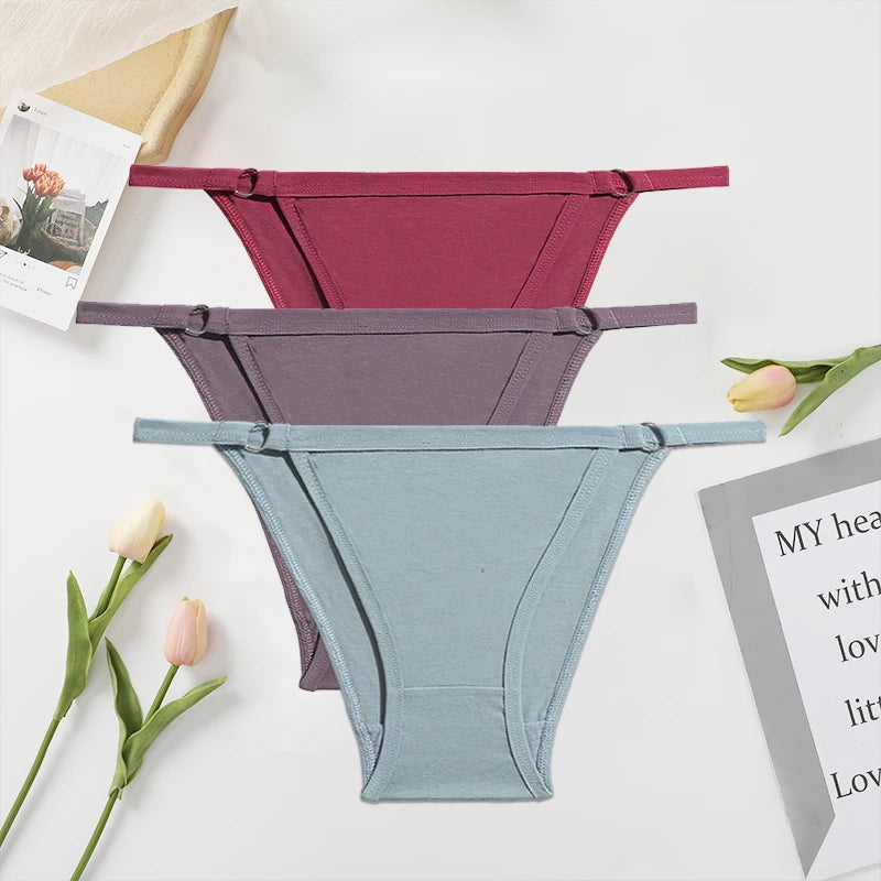 FINETOO 3PC/Set Women's Cotton Panties Underwear Metal Buckle Briefs M-2XL Female Underpant Low Waist Woman Sexy Panty Lingerie