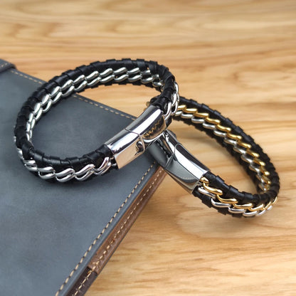 Genuine Leather Chain Bracelet for Men Magnetic Stainless Steel Clasp in Plated Gold Exclusive Jewellery Gift Wholesale Dropping