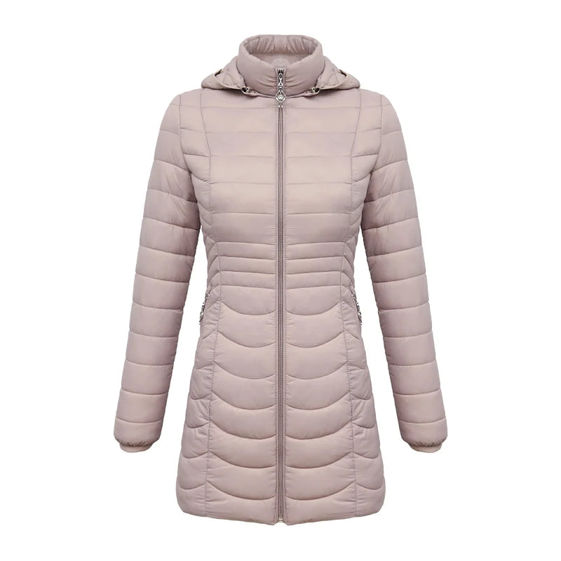 SANTELON Women Long Warm Parka For Women Ultralight Padded Puffer Jacket Coat With Detachable Hood Lightweight Outwear Clothing
