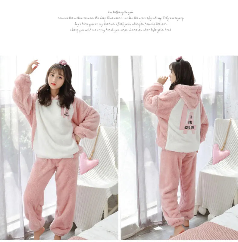 Jielur Warm Women Pajama Sets Winter Lady Long Sleeve Shirt+Pants Home suit Hooded Cartoon Print Thick Pijama Feminino