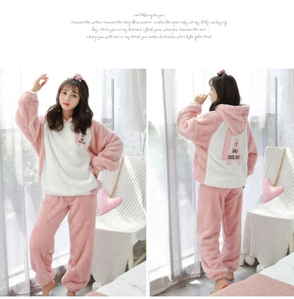 Jielur Warm Women Pajama Sets Winter Lady Long Sleeve Shirt+Pants Home suit Hooded Cartoon Print Thick Pijama Feminino