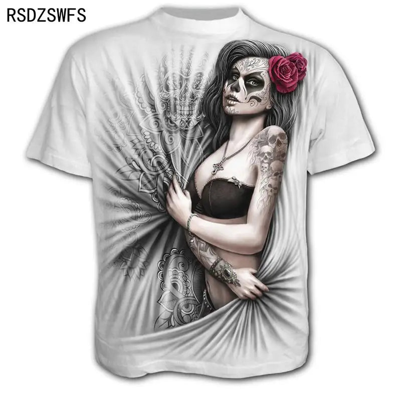 Mens 3D Skull T-Shirt - Punk Summer Streetwear Top O-neck Sizes XXS-5XL