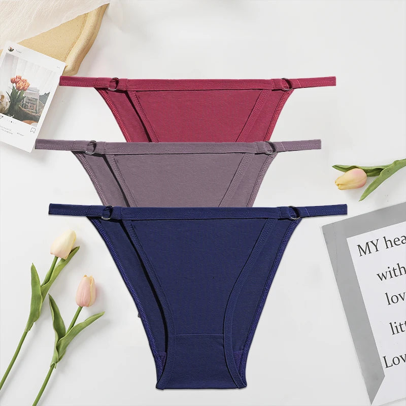 FINETOO 3PC/Set Women's Cotton Panties Underwear Metal Buckle Briefs M-2XL Female Underpant Low Waist Woman Sexy Panty Lingerie