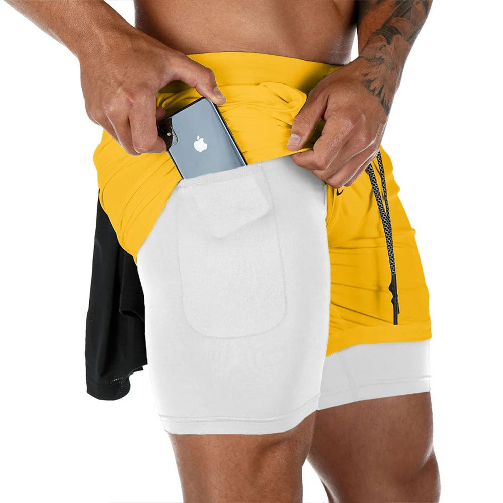 Men Running Shorts - 2 in 1 Quick Dry Sports Jogging Shorts with Hidden Phone Pocket