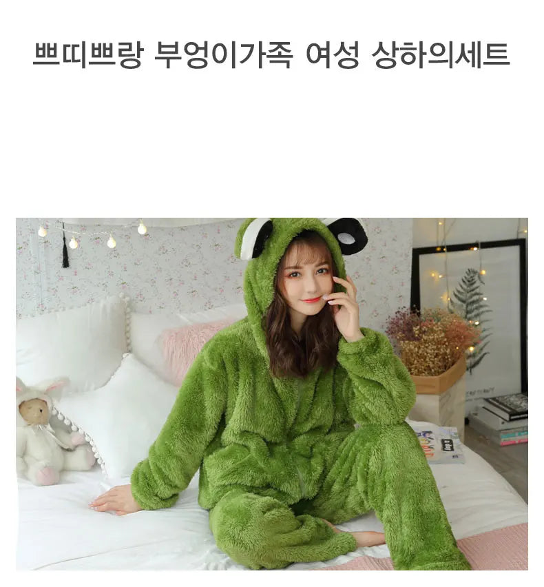 Jielur Warm Women Pajama Sets Winter Lady Long Sleeve Shirt+Pants Home suit Hooded Cartoon Print Thick Pijama Feminino