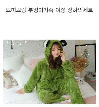 Jielur Warm Women Pajama Sets Winter Lady Long Sleeve Shirt+Pants Home suit Hooded Cartoon Print Thick Pijama Feminino