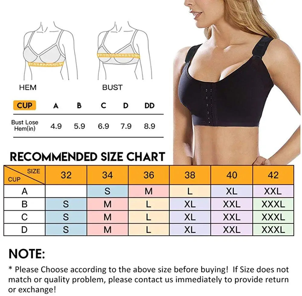 Post Surgery Bra Seamless Sports Front Closure Wirefree Support Adjustable Strap