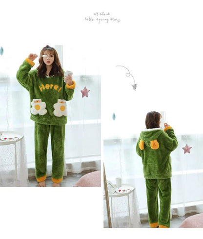 Jielur Warm Women Pajama Sets Winter Lady Long Sleeve Shirt+Pants Home suit Hooded Cartoon Print Thick Pijama Feminino