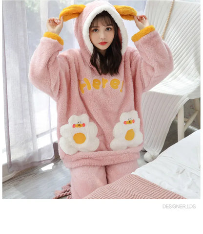 Jielur Warm Women Pajama Sets Winter Lady Long Sleeve Shirt+Pants Home suit Hooded Cartoon Print Thick Pijama Feminino