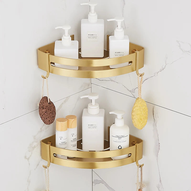 Wall-Mounted Corner Shelf - Brushed Gold Aluminum Bathroom Shampoo Holder