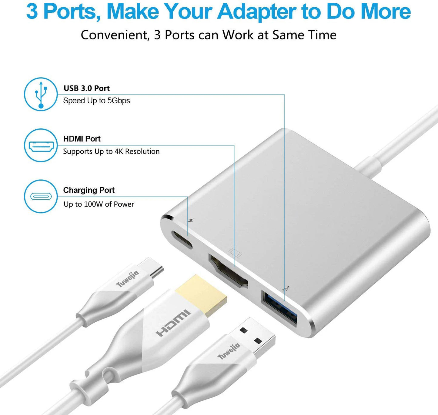 USB C Hub Adapter – 8-in-1 Aluminum Alloy Multiport Docking Station with 4K HDMI, Thunderbolt 3 & RJ45 Ethernet
