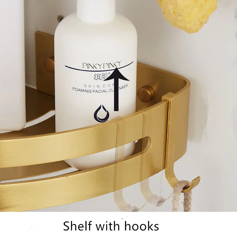 Wall-Mounted Corner Shelf - Brushed Gold Aluminum Bathroom Shampoo Holder