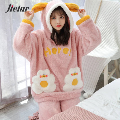 Jielur Warm Women Pajama Sets Winter Lady Long Sleeve Shirt+Pants Home suit Hooded Cartoon Print Thick Pijama Feminino