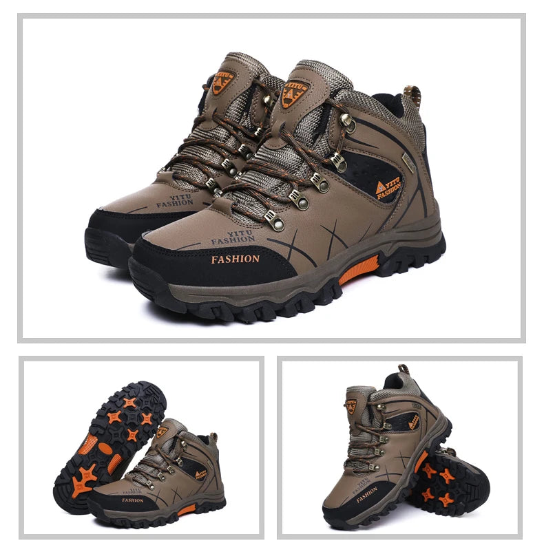 Men Winter Snow Boots - Waterproof Leather Hiking Shoes With Rubber Sole