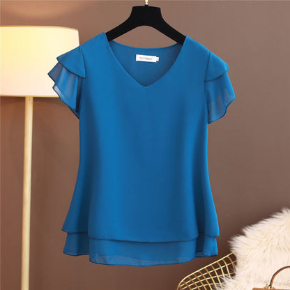 2026 New Summer Women Blouse Loose V-Neck Chiffon Shirt Female Short Sleeve Blouse Oversized Shirts womens tops and blouses Top