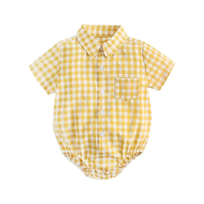Baby Boys Bodysuit - Soft Cotton Fabric Summer Baby Bodysuit with Plaid Pattern