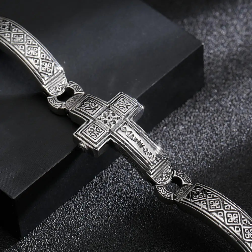 Fongten Cross Charms Bangle For Men Stainless Steel Heavy Mens Bangle Bracelets Male Retro Rune Silver Color Jewelry Armband