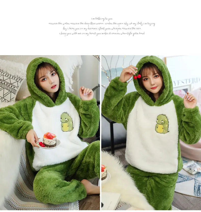 Jielur Warm Women Pajama Sets Winter Lady Long Sleeve Shirt+Pants Home suit Hooded Cartoon Print Thick Pijama Feminino