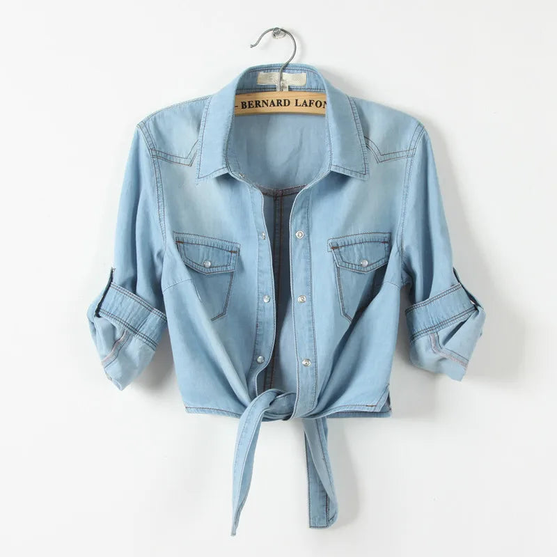 kimono Denim Shirt Short Sleeve Womens Tops Chemise Femme Crop Top Sexy Short Jeans Shirt Blouse Summer Cool Feminine Shirts