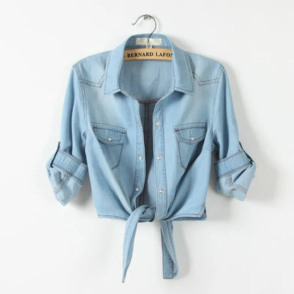 kimono Denim Shirt Short Sleeve Womens Tops Chemise Femme Crop Top Sexy Short Jeans Shirt Blouse Summer Cool Feminine Shirts
