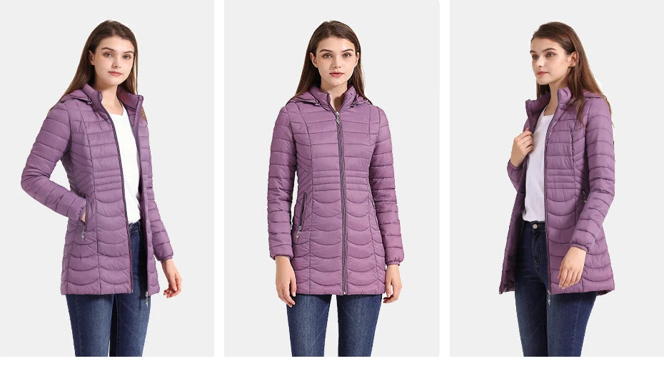 SANTELON Women Long Warm Parka For Women Ultralight Padded Puffer Jacket Coat With Detachable Hood Lightweight Outwear Clothing