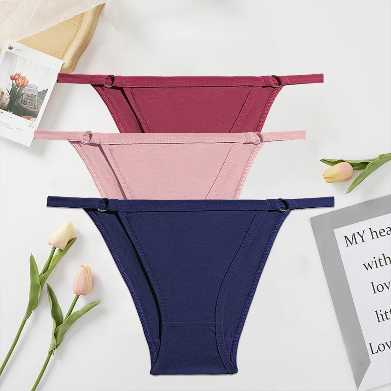 FINETOO 3PC/Set Women's Cotton Panties Underwear Metal Buckle Briefs M-2XL Female Underpant Low Waist Woman Sexy Panty Lingerie