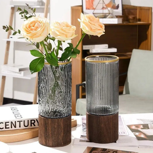 Modern Nordic Crystal Vases - Elegant Clear  Colored Wooden Glass Houseware - ZOOMNSTORE