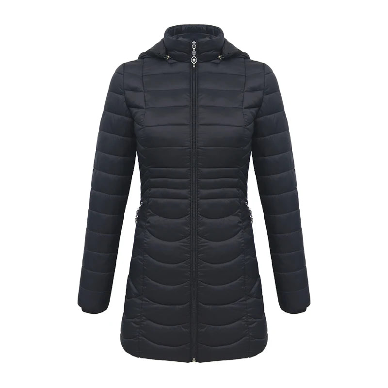 SANTELON Women Long Warm Parka For Women Ultralight Padded Puffer Jacket Coat With Detachable Hood Lightweight Outwear Clothing