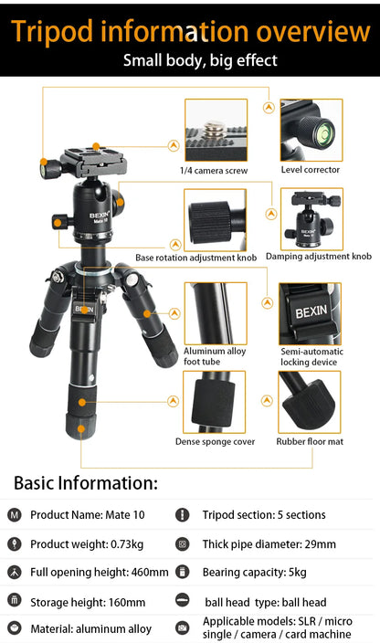 BEXIN Mini Tripod 19in Universal Photography Flexible Phone Tripod for Camera Stand for Gopro iphone Aluminum Travel Tripode Par
