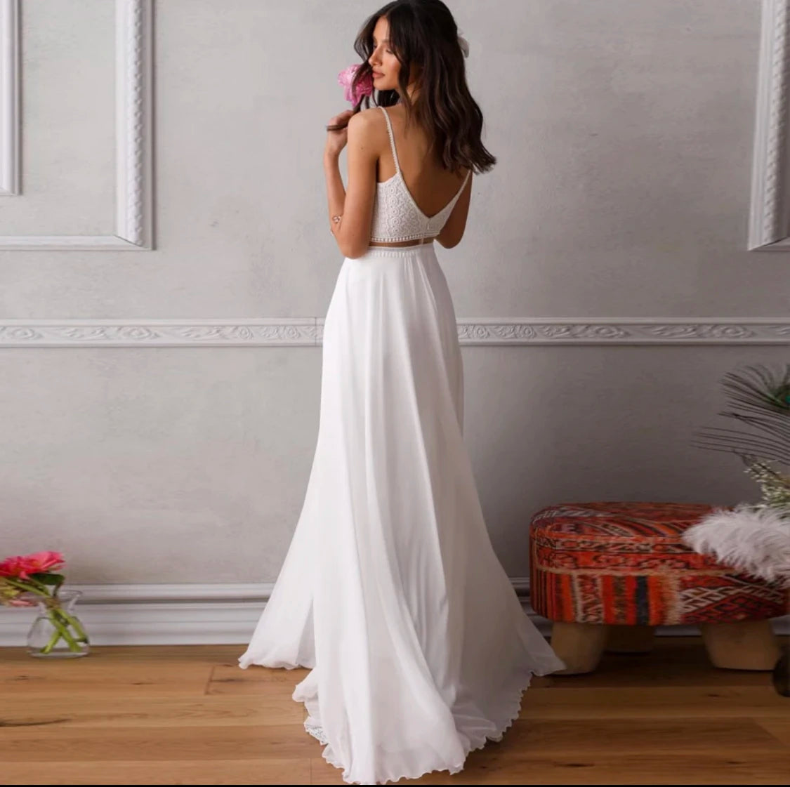 Boho Wedding Dress Custom A-Line Bridal Gown - Spaghetti Strap, Backless, Sleeveless