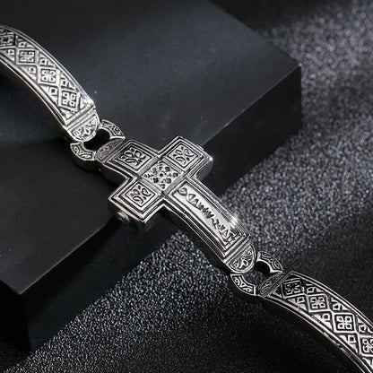 Fongten Cross Charms Bangle For Men Stainless Steel Heavy Mens Bangle Bracelets Male Retro Rune Silver Color Jewelry Armband