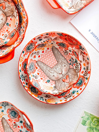 Hand-Painted Rabbit Bowl and Plate Set - Cute Ceramic Soup and Salad Dish