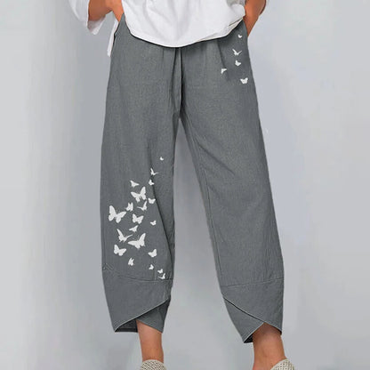 Vintage Print Women Pants Fashion Irregular Casual High Waist Elastic Waist Straight Loose Trousers Summer Lady Cargo Pantalon