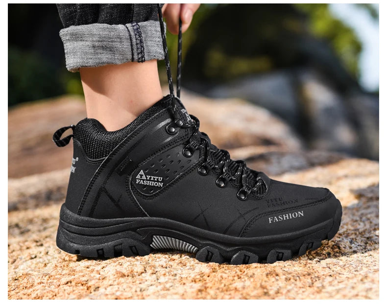 Men Winter Snow Boots - Waterproof Leather Hiking Shoes With Rubber Sole