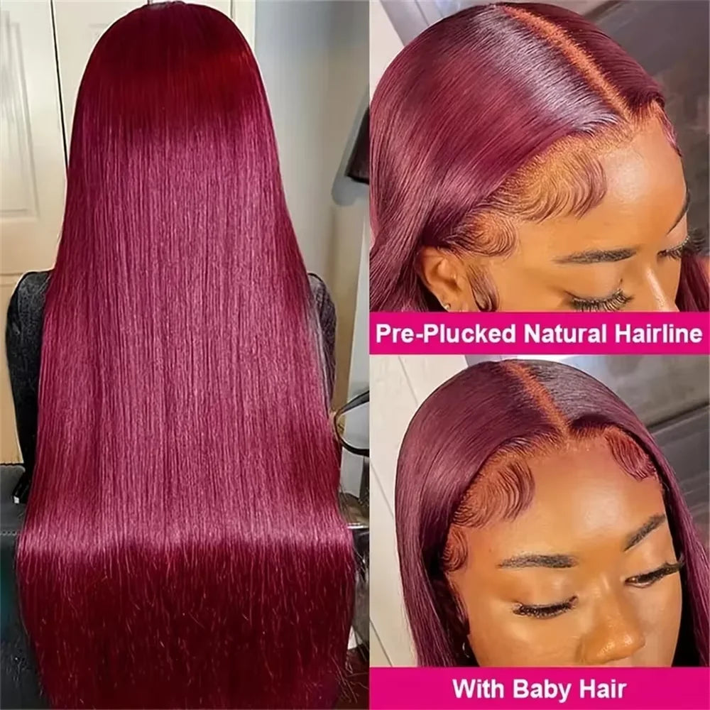 HD Lace Frontal Wig - 13x6 Burgundy 99J Remy Brazilian Human Hair, Straight, High Density - ZOOMNSTORE