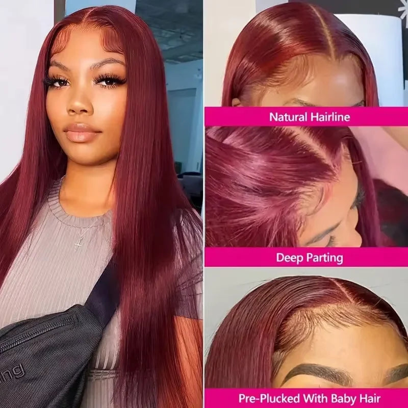 HD Lace Frontal Wig - 13x6 Burgundy 99J Remy Brazilian Human Hair, Straight, High Density - ZOOMNSTORE