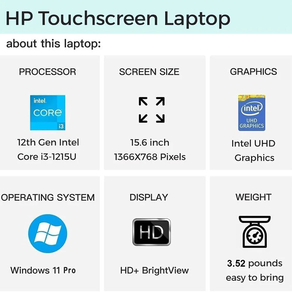HP 2024 Newest Business Laptop,15.6" Touchscreen Laptop,Intel Core i3-1215U,Up to 64GB RAM,2TB SSD,Intel UHD Graphics,Win 11 Pro - ZOOMNSTORE