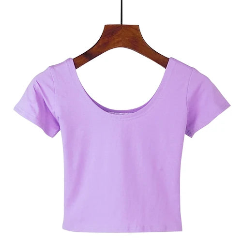 Stretch Women Cotton Sexy U Neck Crop Top 2024 Girls Short Sleeve Female Fashion Best Sell Popular Tee Top T-shirt Hot Sale