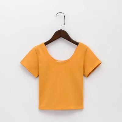 Stretch Women Cotton Sexy U Neck Crop Top 2024 Girls Short Sleeve Female Fashion Best Sell Popular Tee Top T-shirt Hot Sale