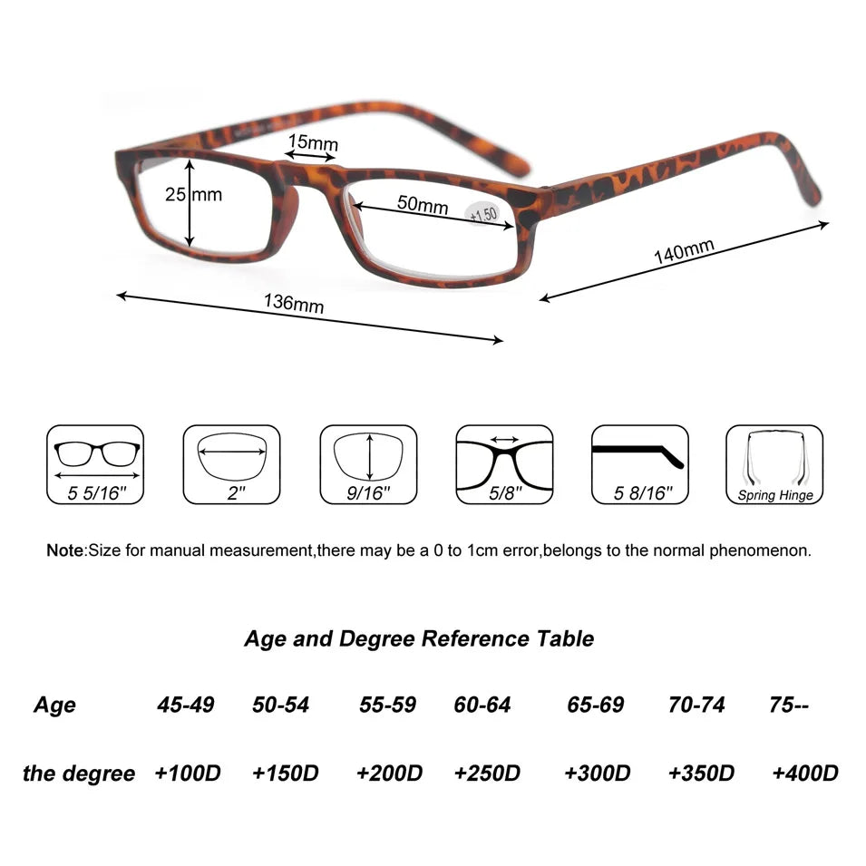 Reading Glasses Women Men Rectangular Ultralight Frame Small Readers Eyeglasses High Quality Spring Hinge with Diopter +1.0~+4.0