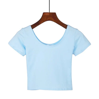 Stretch Women Cotton Sexy U Neck Crop Top 2024 Girls Short Sleeve Female Fashion Best Sell Popular Tee Top T-shirt Hot Sale
