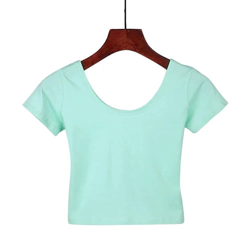 Stretch Women Cotton Sexy U Neck Crop Top 2024 Girls Short Sleeve Female Fashion Best Sell Popular Tee Top T-shirt Hot Sale