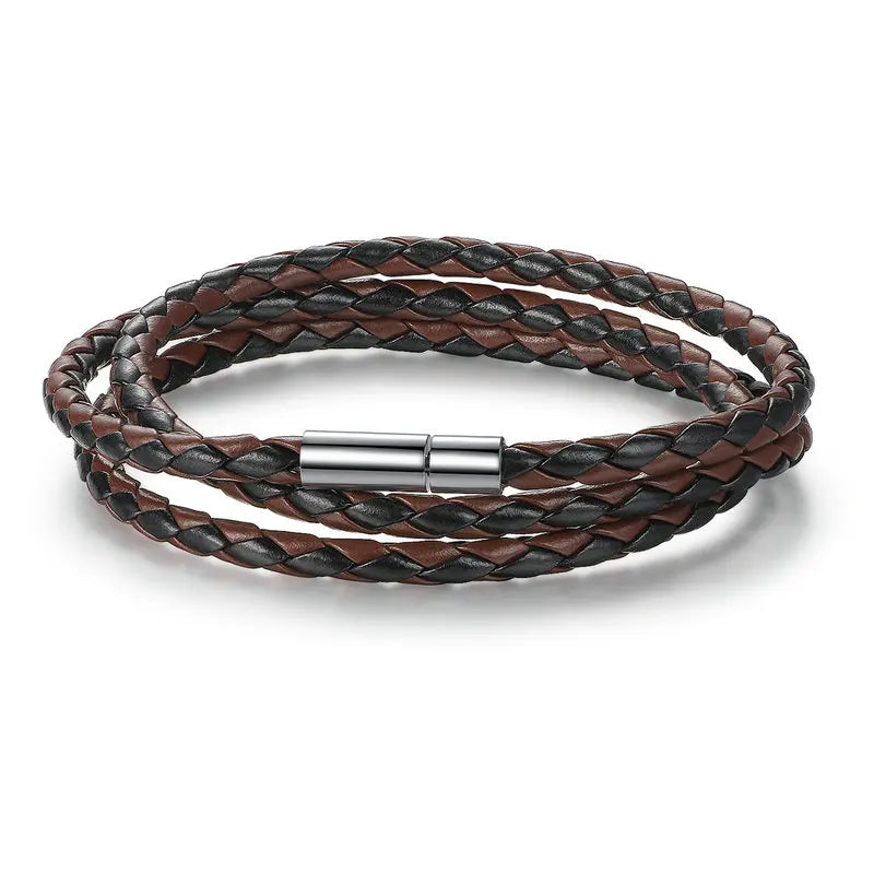BAMOER PU Leather Bracelet Multi-layer Wrap Braid Long Chain Adjustable Magnet Buckle Unisex for Women and Men Stackable Jewelry