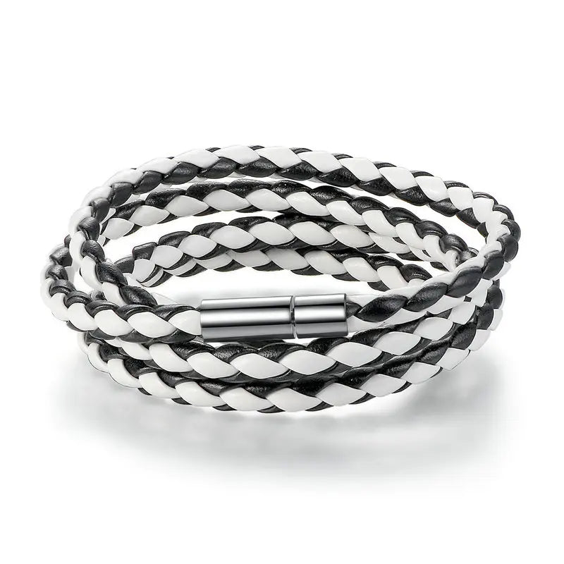 BAMOER PU Leather Bracelet Multi-layer Wrap Braid Long Chain Adjustable Magnet Buckle Unisex for Women and Men Stackable Jewelry