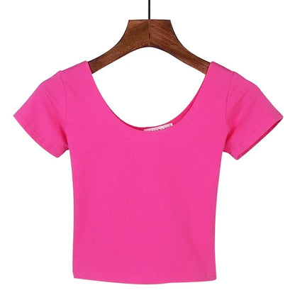 Stretch Women Cotton Sexy U Neck Crop Top 2024 Girls Short Sleeve Female Fashion Best Sell Popular Tee Top T-shirt Hot Sale