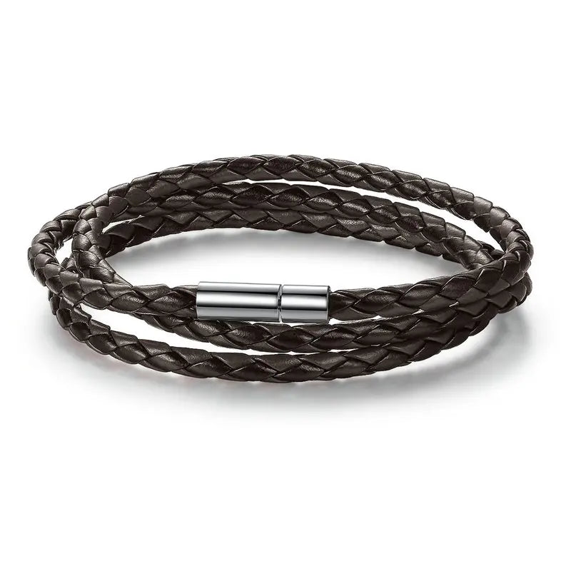 BAMOER PU Leather Bracelet Multi-layer Wrap Braid Long Chain Adjustable Magnet Buckle Unisex for Women and Men Stackable Jewelry