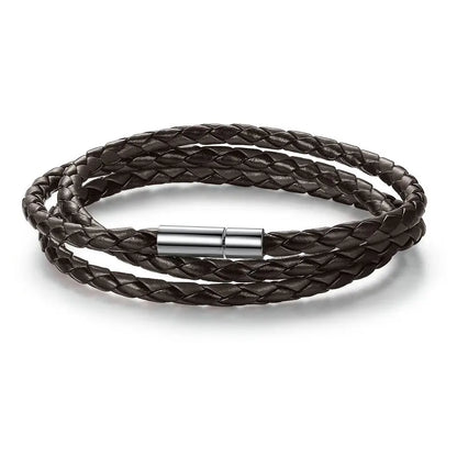 BAMOER PU Leather Bracelet Multi-layer Wrap Braid Long Chain Adjustable Magnet Buckle Unisex for Women and Men Stackable Jewelry