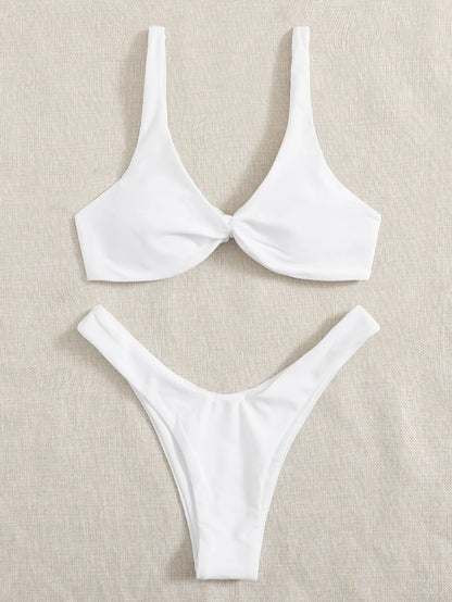 Solid Tie Bikini Set - Padded Push-Up High Leg Brazilian Swimsuit for Women - ZOOMNSTORE