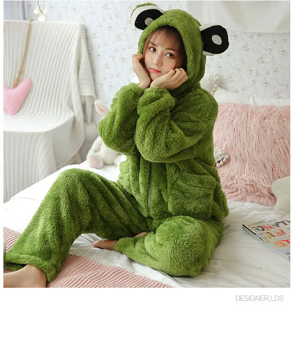 Jielur Warm Women Pajama Sets Winter Lady Long Sleeve Shirt+Pants Home suit Hooded Cartoon Print Thick Pijama Feminino