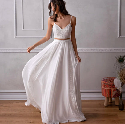 Boho Wedding Dress Custom A-Line Bridal Gown - Spaghetti Strap, Backless, Sleeveless
